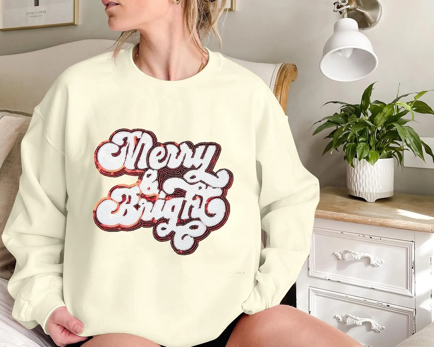UNIQUEONE Ugly Christmas Sweatshirts Women Christmas Sweater Xmas Tree Sequin Top Winter Crewneck Family Holiday Outfits