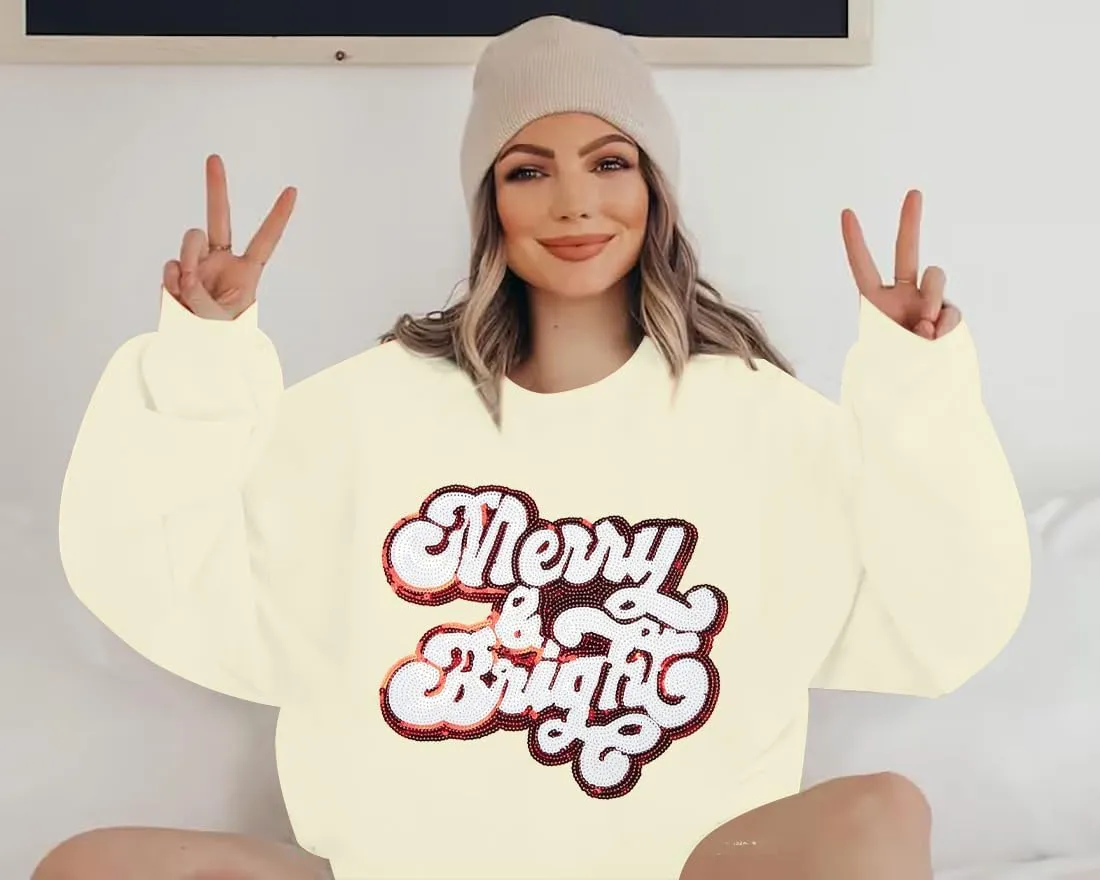 UNIQUEONE Ugly Christmas Sweatshirts Women Christmas Sweater Xmas Tree Sequin Top Winter Crewneck Family Holiday Outfits