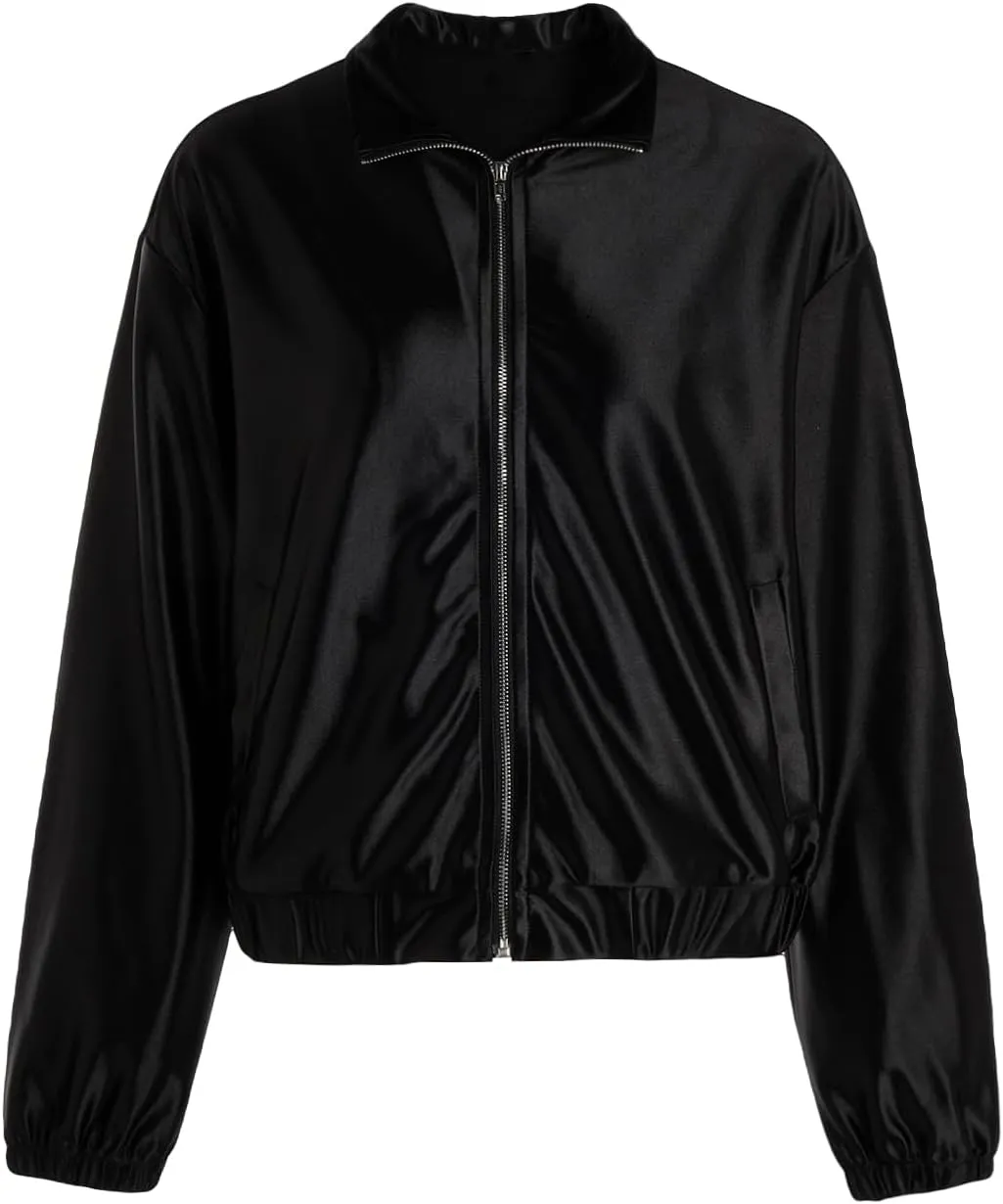 Verdusa Women's Bomber Satin Lightweight Jacket Drop Shoulder Long Sleeve Zip Up Outerwear