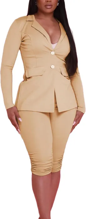 Women's 2 Piece Blazer Sets Open Front Long Sleeve Blazer Slim Fit Bermuda Shorts Pants Suit Sets Business Outfits