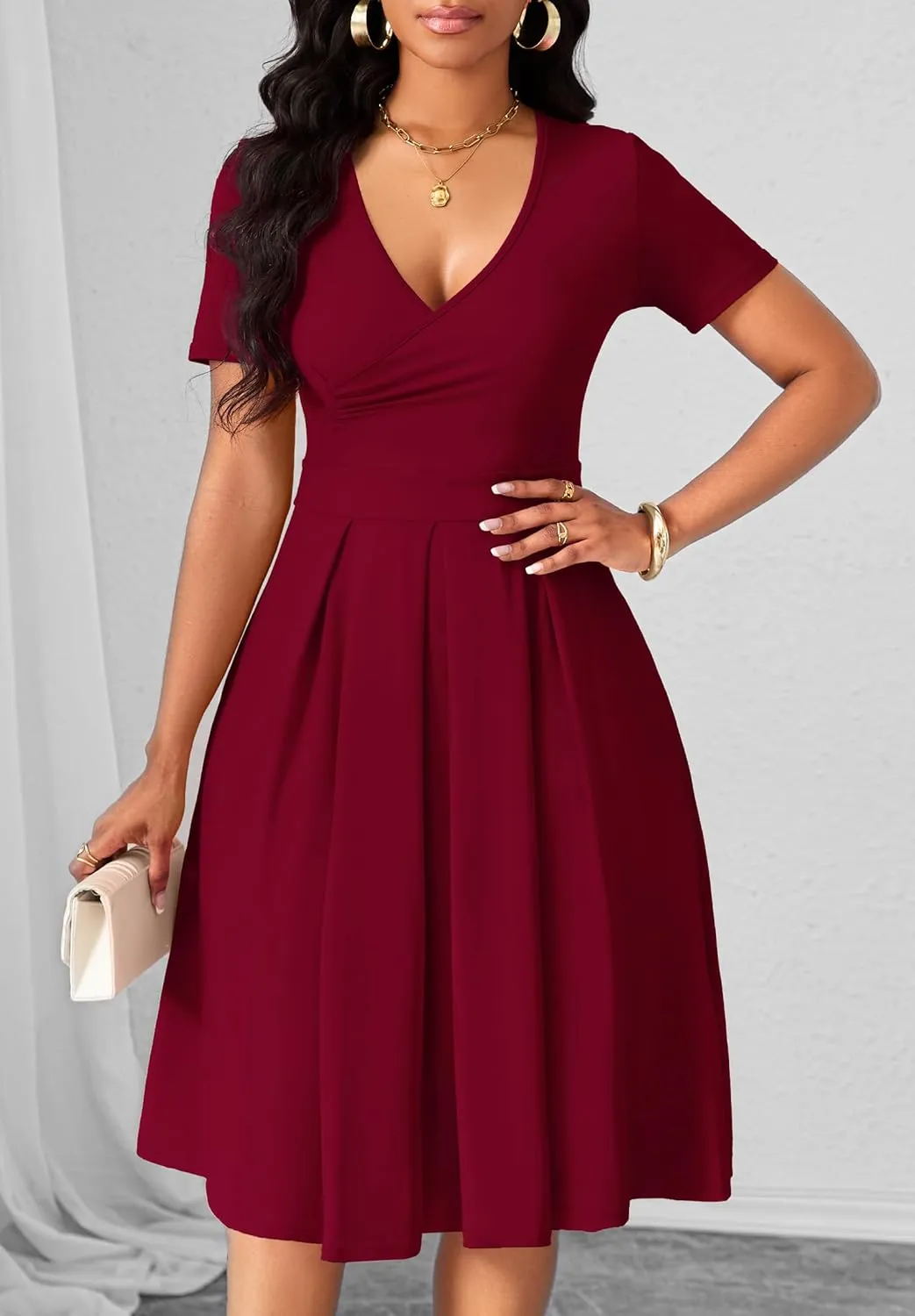 Women's Casual Wrap Dress Wedding Guest Dresses with Pockets Short Sleeve A-Line Swing V-Neck Pleated Dresses