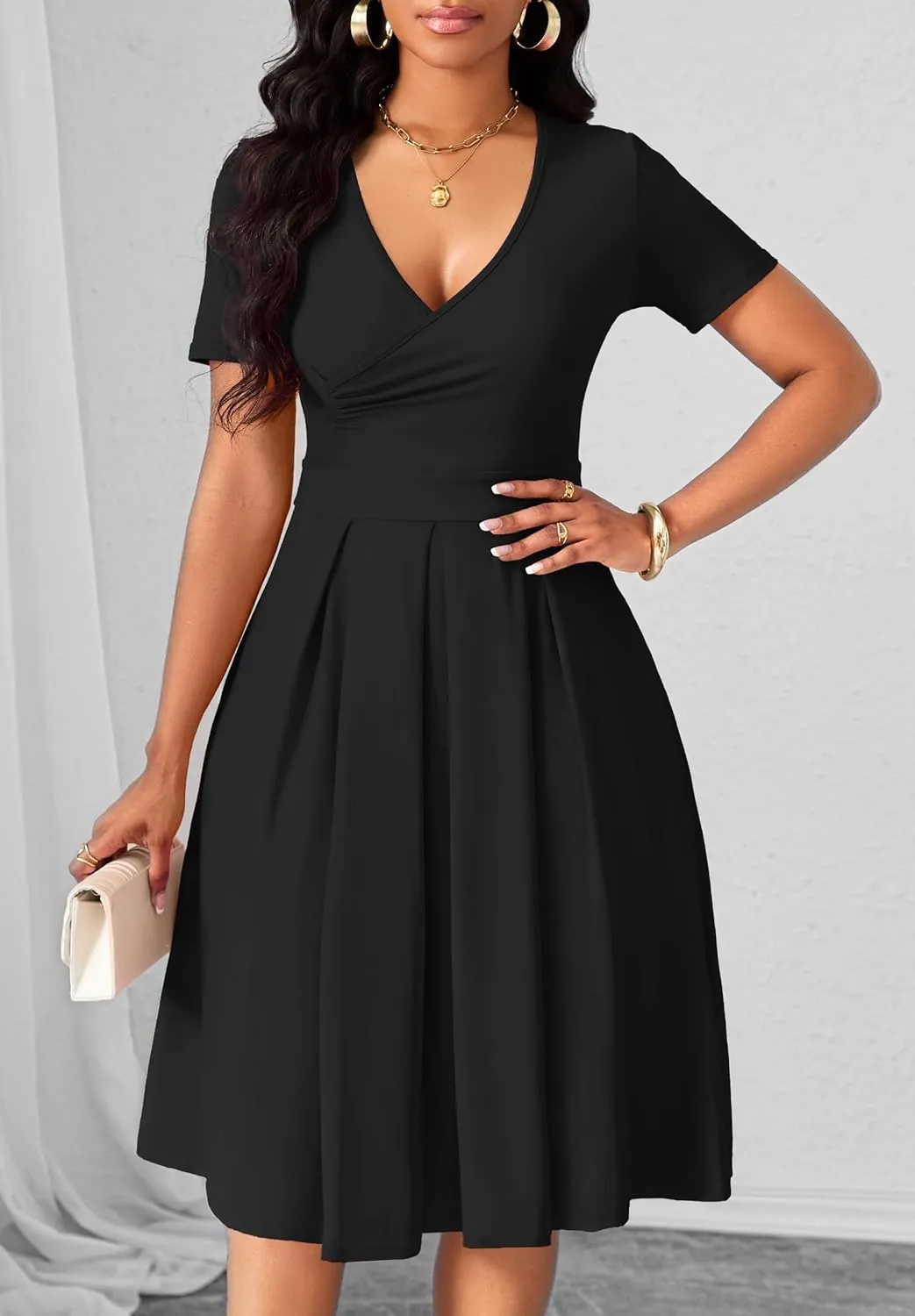 Women's Casual Wrap Dress Wedding Guest Dresses with Pockets Short Sleeve A-Line Swing V-Neck Pleated Dresses