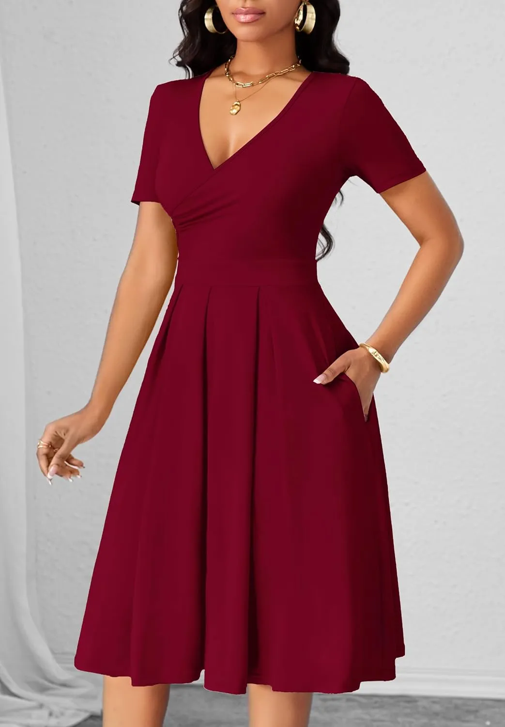 Women's Casual Wrap Dress Wedding Guest Dresses with Pockets Short Sleeve A-Line Swing V-Neck Pleated Dresses
