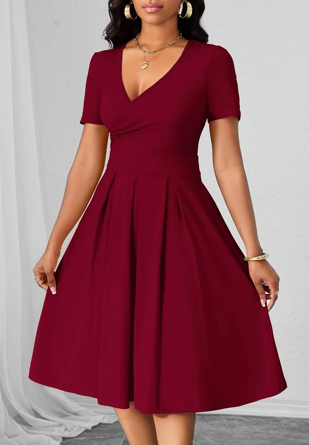 Women's Casual Wrap Dress Wedding Guest Dresses with Pockets Short Sleeve A-Line Swing V-Neck Pleated Dresses
