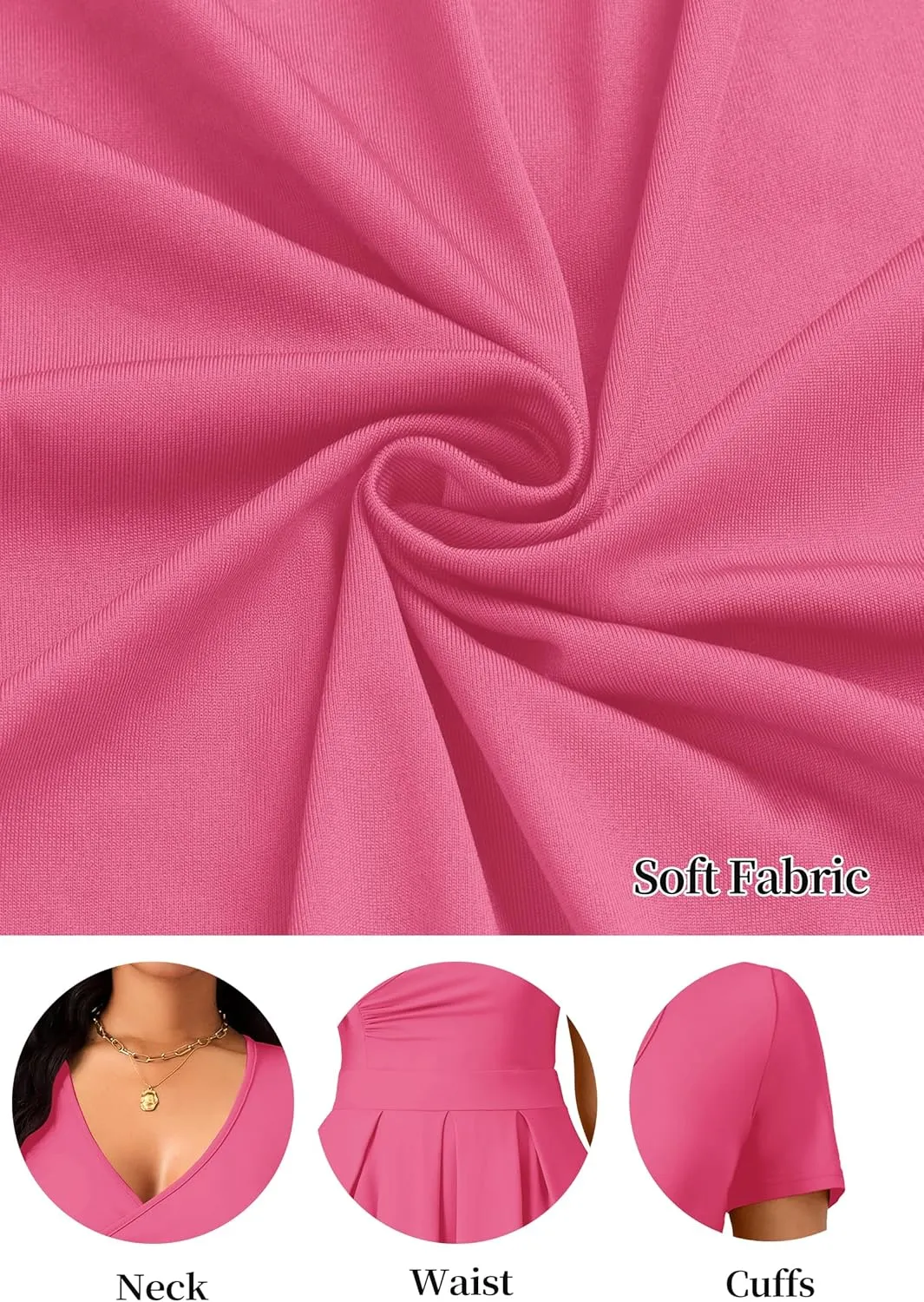 Women's Casual Wrap Dress Wedding Guest Dresses with Pockets Short Sleeve A-Line Swing V-Neck Pleated Dresses