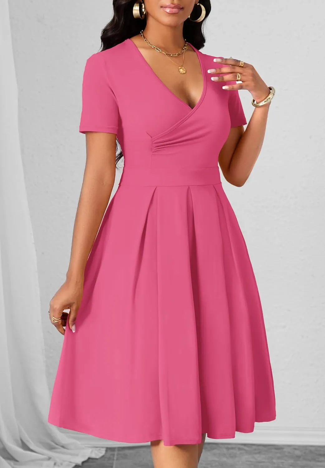 Women's Casual Wrap Dress Wedding Guest Dresses with Pockets Short Sleeve A-Line Swing V-Neck Pleated Dresses