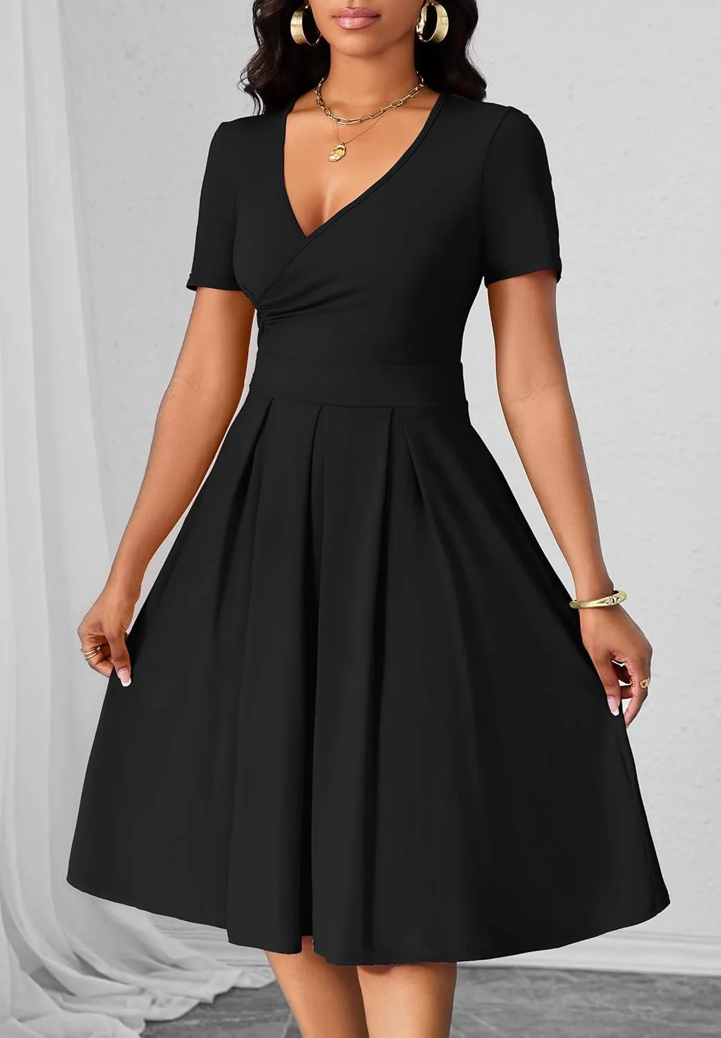 Women's Casual Wrap Dress Wedding Guest Dresses with Pockets Short Sleeve A-Line Swing V-Neck Pleated Dresses