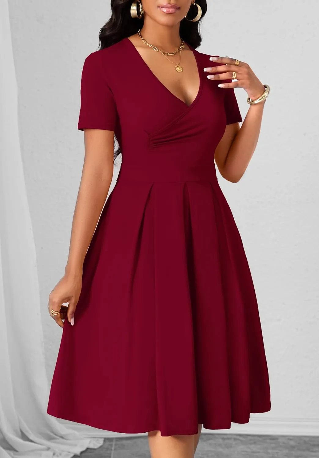 Women's Casual Wrap Dress Wedding Guest Dresses with Pockets Short Sleeve A-Line Swing V-Neck Pleated Dresses