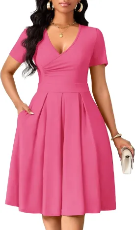 Women's Casual Wrap Dress Wedding Guest Dresses with Pockets Short Sleeve A-Line Swing V-Neck Pleated Dresses