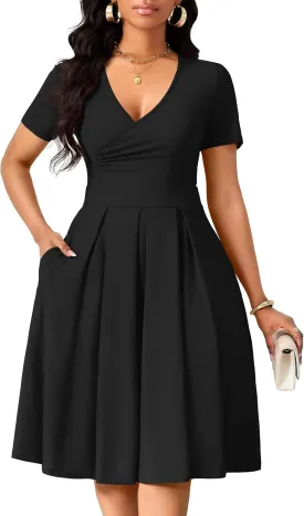 Women's Casual Wrap Dress Wedding Guest Dresses with Pockets Short Sleeve A-Line Swing V-Neck Pleated Dresses