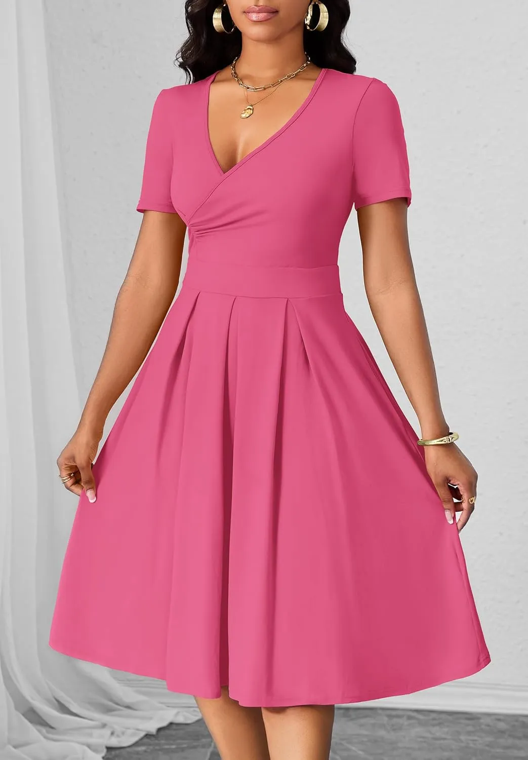 Women's Casual Wrap Dress Wedding Guest Dresses with Pockets Short Sleeve A-Line Swing V-Neck Pleated Dresses