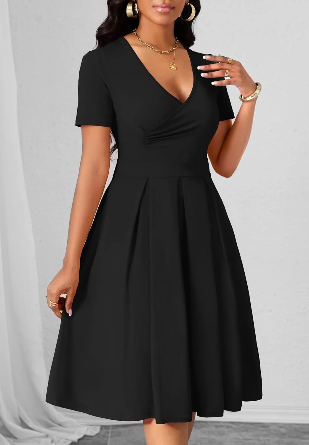 Women's Casual Wrap Dress Wedding Guest Dresses with Pockets Short Sleeve A-Line Swing V-Neck Pleated Dresses