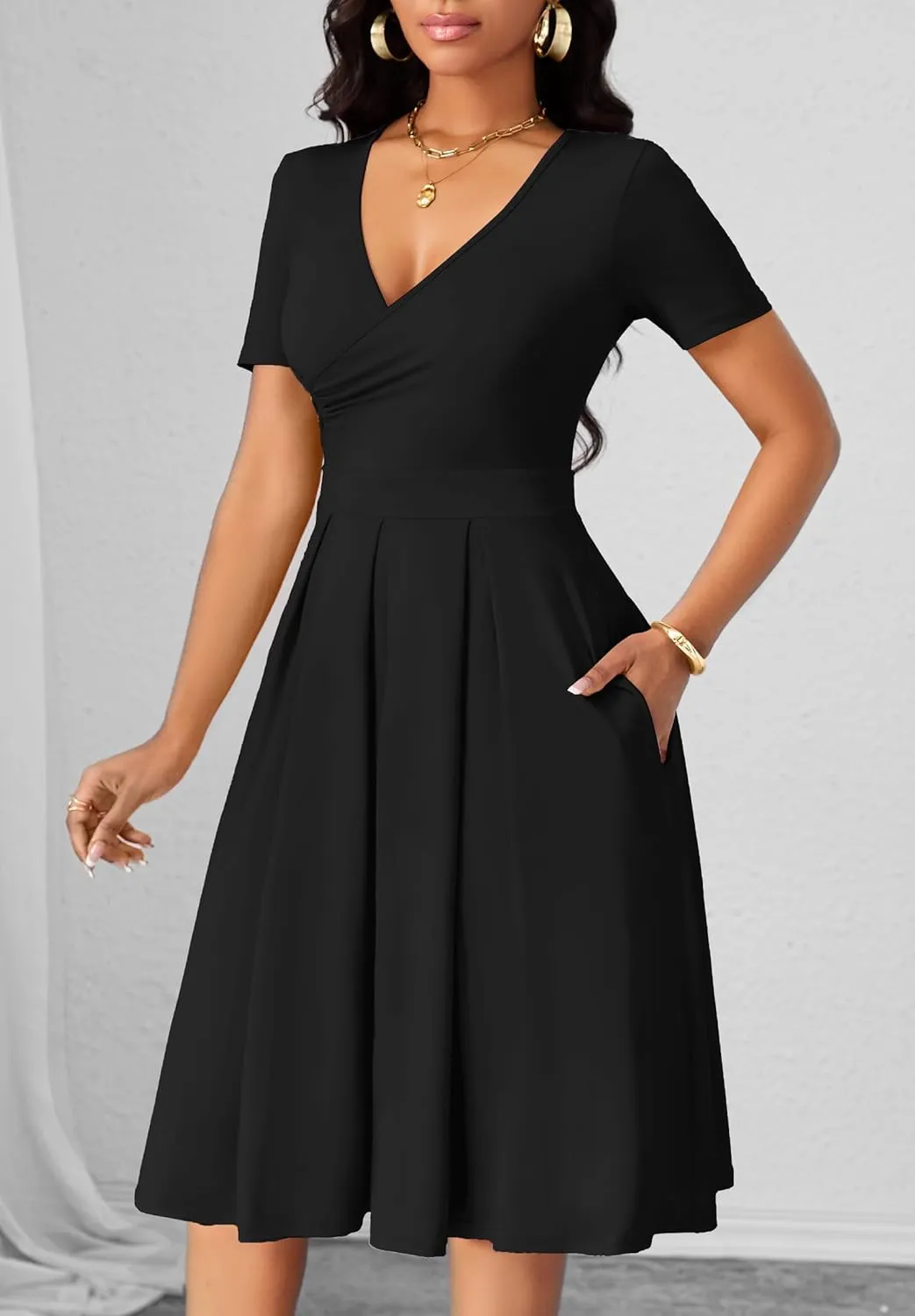 Women's Casual Wrap Dress Wedding Guest Dresses with Pockets Short Sleeve A-Line Swing V-Neck Pleated Dresses