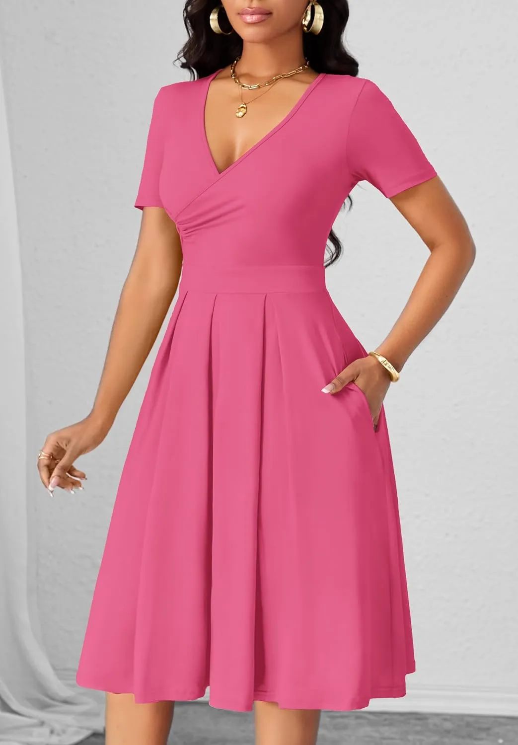 Women's Casual Wrap Dress Wedding Guest Dresses with Pockets Short Sleeve A-Line Swing V-Neck Pleated Dresses