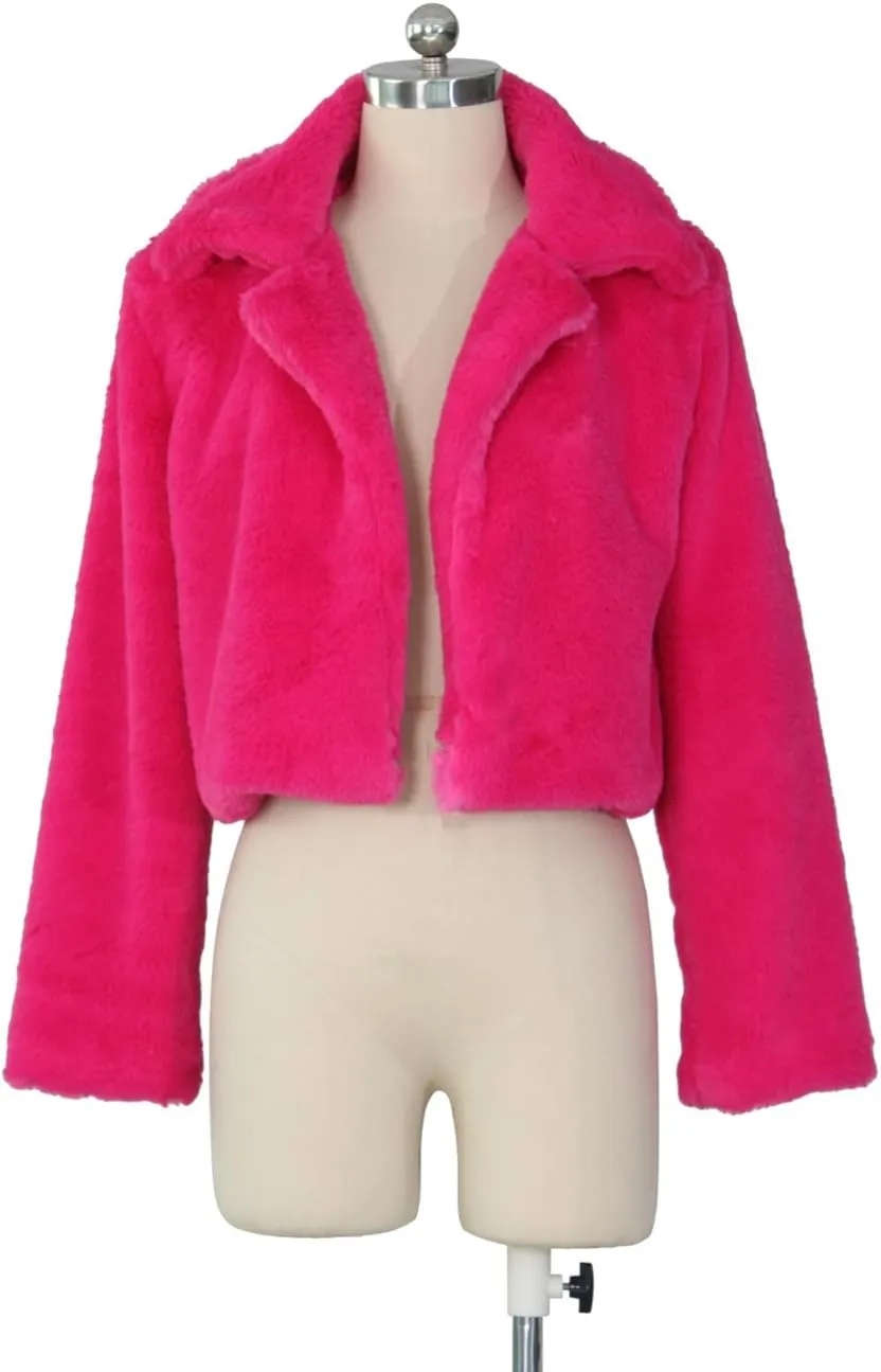 Women's Fluffy Faux Fur Outerwear Lapel Open Front Cropped Coats
