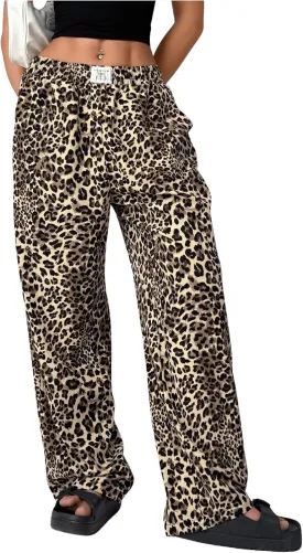 Women's Letter Leopard Print Straight Leg Pants Elastic Waist Y2K Trousers Bottoms with Pockets
