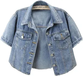 Women's Short Sleeve Classic Denim Jackets Cropped Button Up Jean Coat Tops Outerwear