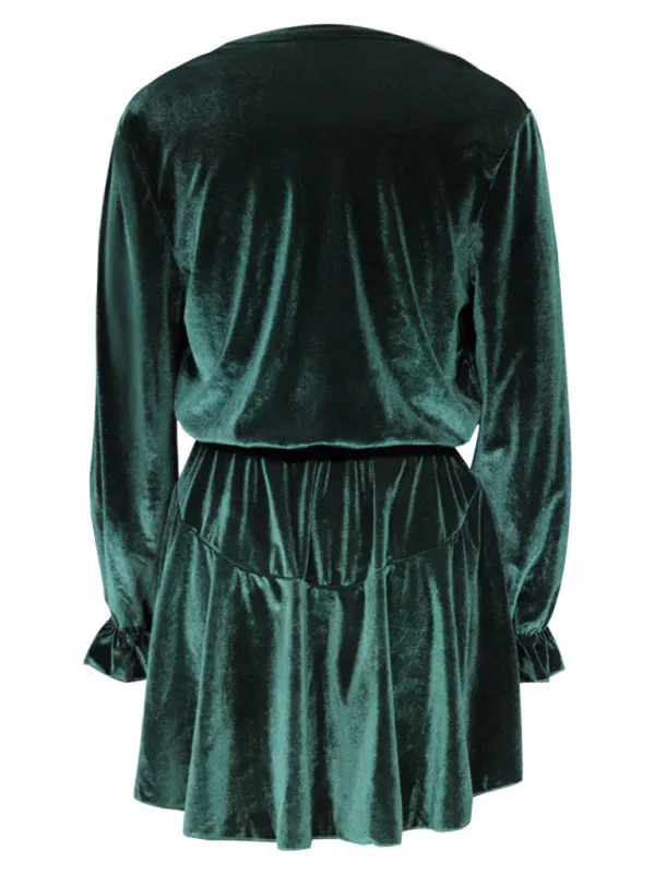 Women’s V-Neck Long Sleeve Velvet Mini Dress
