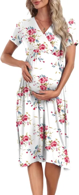 Xpenyo Maternity Women's Short Sleeve V Neck Casual Dress Baby Shower Party Maternity Dress