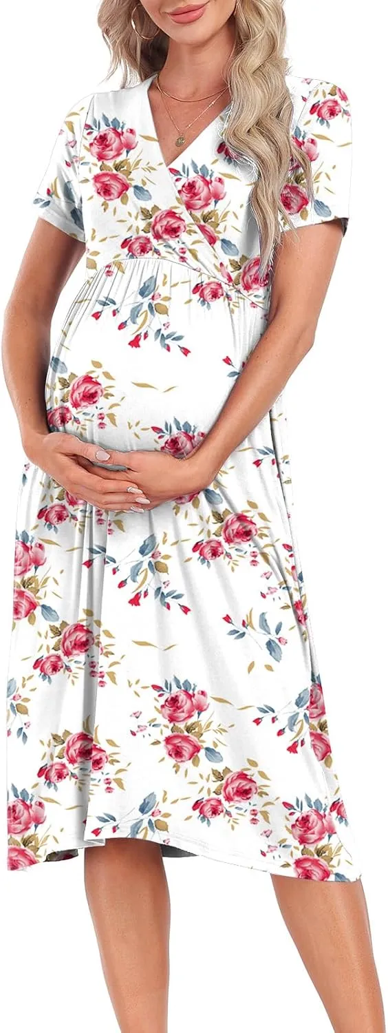 Xpenyo Maternity Women's Short Sleeve V Neck Casual Dress Baby Shower Party Maternity Dress