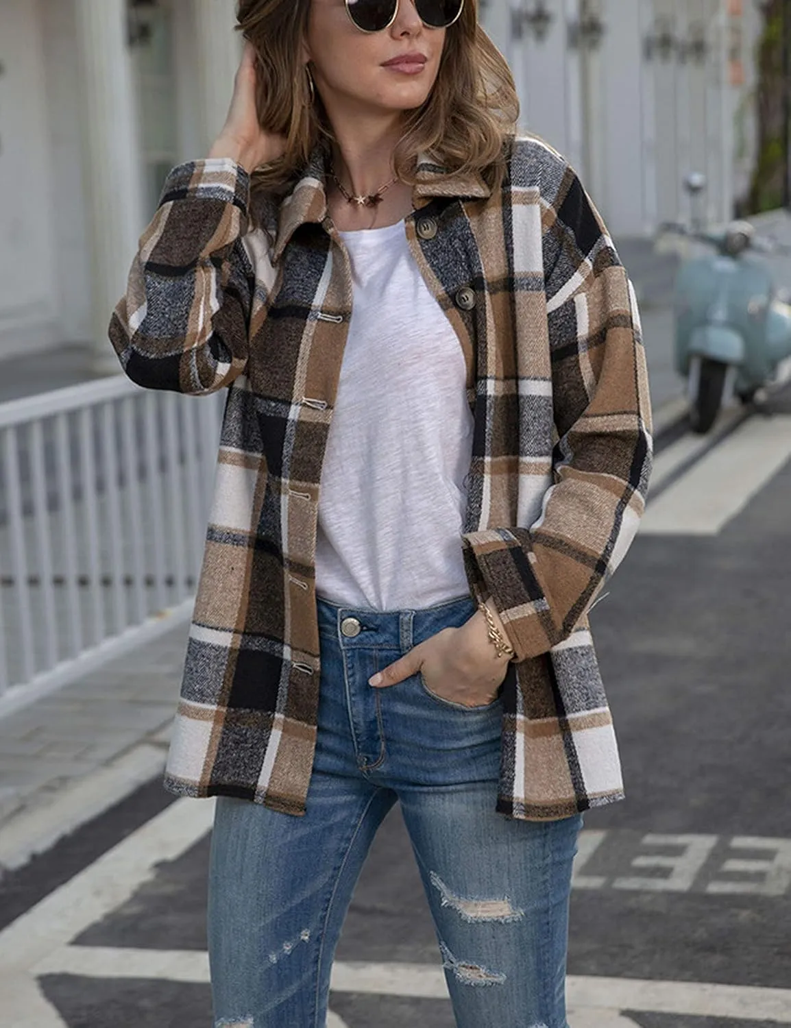 Yeokou Women's Fall Color Block Plaid Flannel Shacket Jacket Button Down Shirt Coat Tops