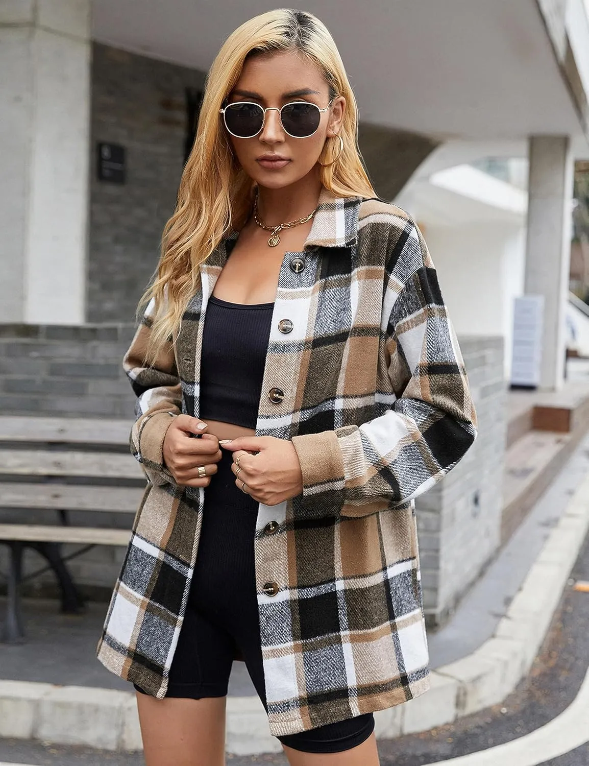 Yeokou Women's Fall Color Block Plaid Flannel Shacket Jacket Button Down Shirt Coat Tops