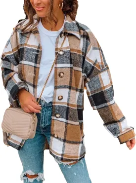 Yeokou Women's Fall Color Block Plaid Flannel Shacket Jacket Button Down Shirt Coat Tops