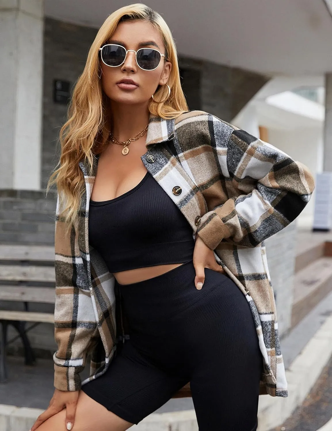 Yeokou Women's Fall Color Block Plaid Flannel Shacket Jacket Button Down Shirt Coat Tops