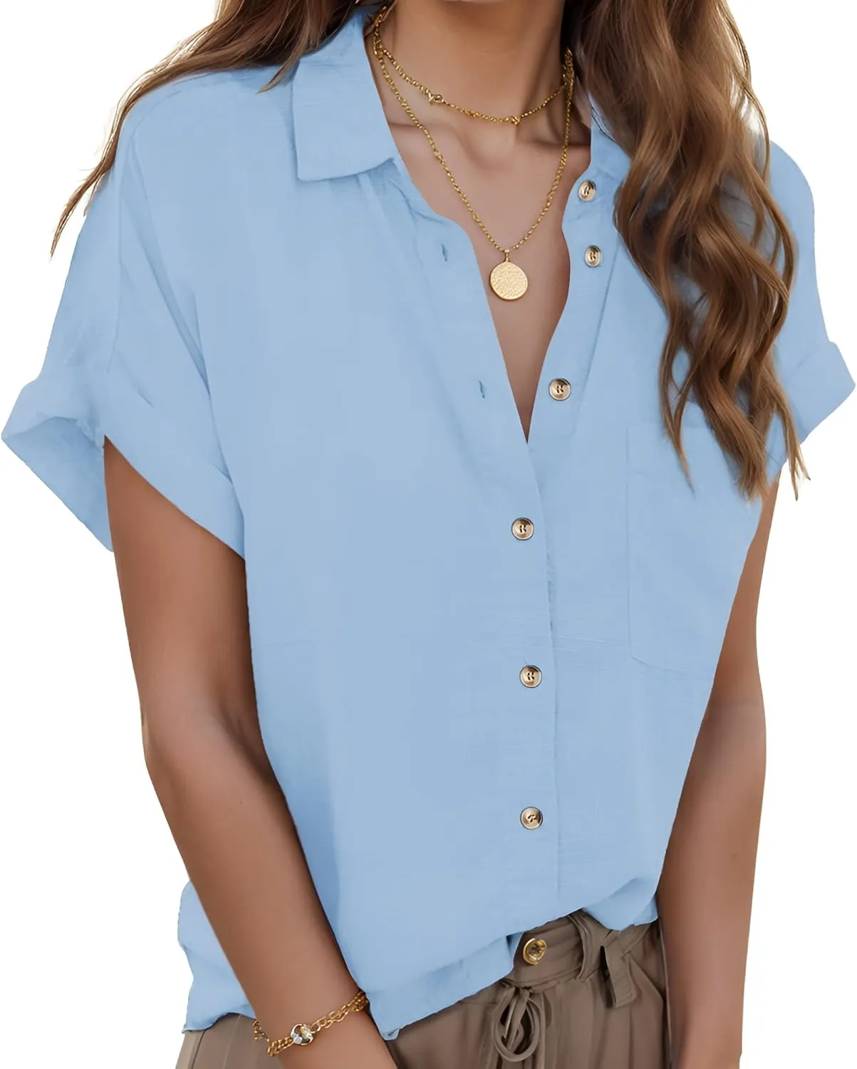 Zeagoo Linen Shirts for Women Cotton Short Sleeve V Neck Collared Button Down Blouses Tops S-3XL