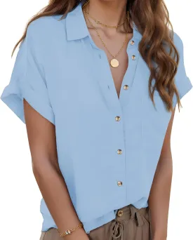 Zeagoo Linen Shirts for Women Cotton Short Sleeve V Neck Collared Button Down Blouses Tops S-3XL