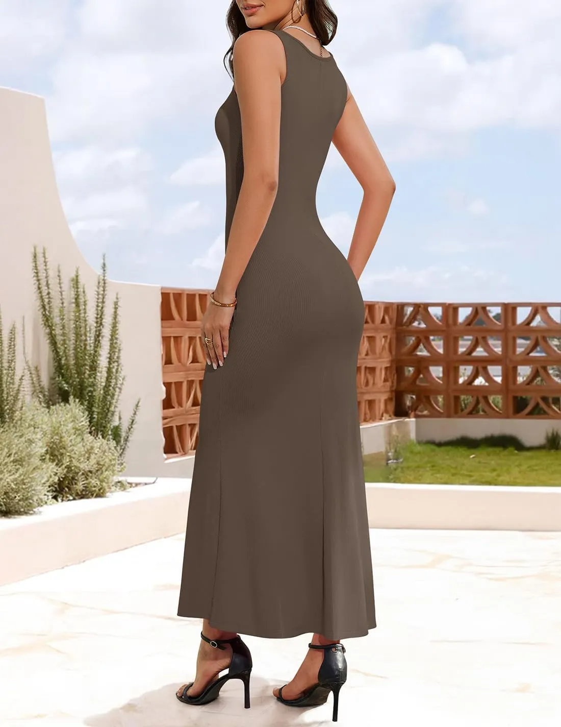 ZESICA Women's Sleeveless Formal Maxi Dresses 2025 Summer Ribbed Square Neck High Split Party Bodycon Long Dress