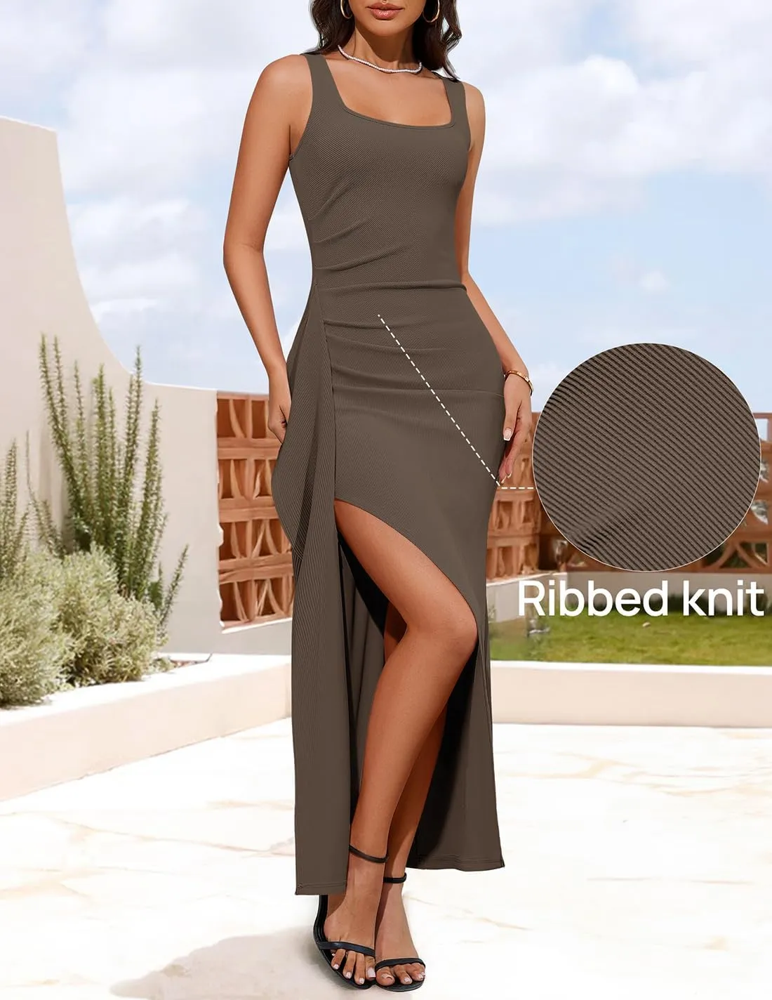 ZESICA Women's Sleeveless Formal Maxi Dresses 2025 Summer Ribbed Square Neck High Split Party Bodycon Long Dress