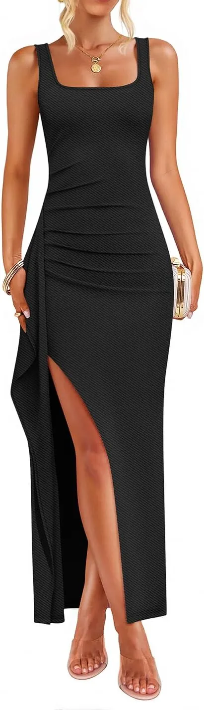 ZESICA Women's Sleeveless Formal Maxi Dresses 2025 Summer Ribbed Square Neck High Split Party Bodycon Long Dress