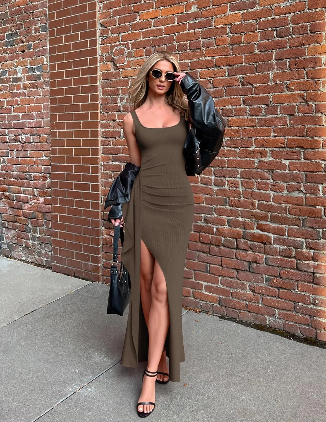 ZESICA Women's Sleeveless Formal Maxi Dresses 2025 Summer Ribbed Square Neck High Split Party Bodycon Long Dress