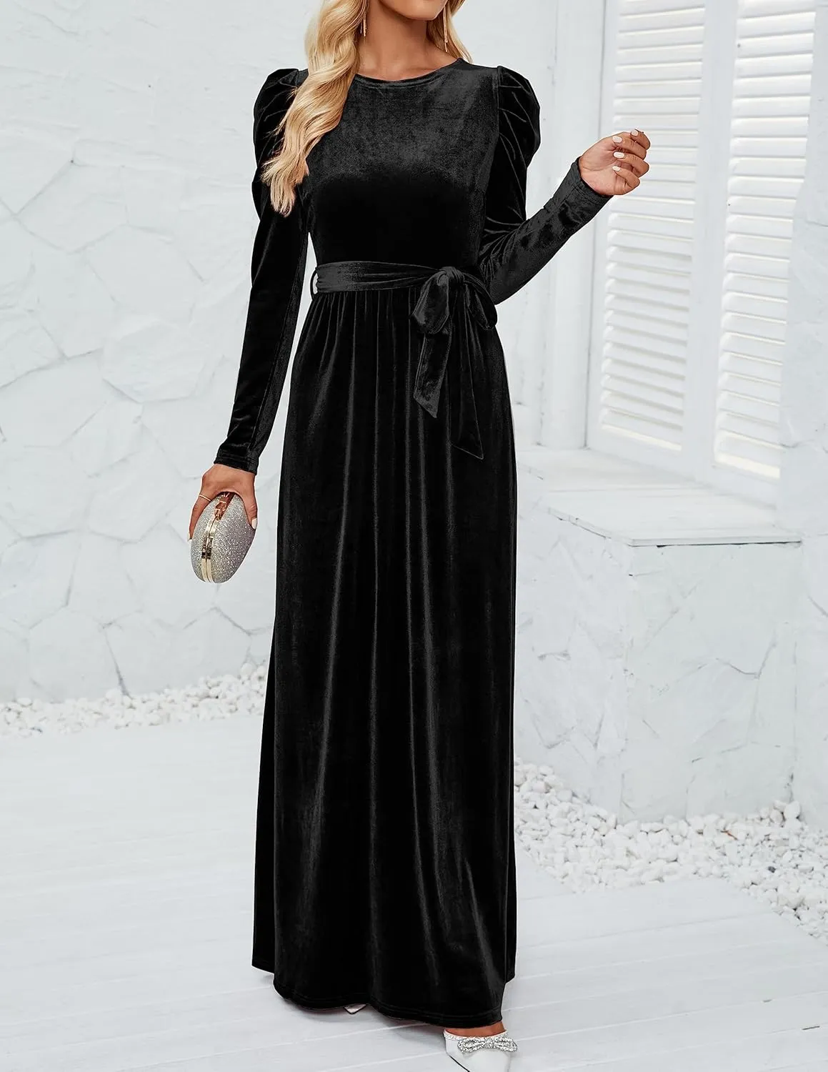 ZESICA Women's Velvet Maxi Dress Long Puff Sleeve Crew Neck Elastic High Waist Cocktail Party Bridesmaid Dresses