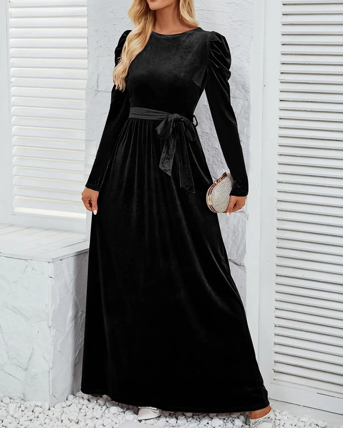 ZESICA Women's Velvet Maxi Dress Long Puff Sleeve Crew Neck Elastic High Waist Cocktail Party Bridesmaid Dresses