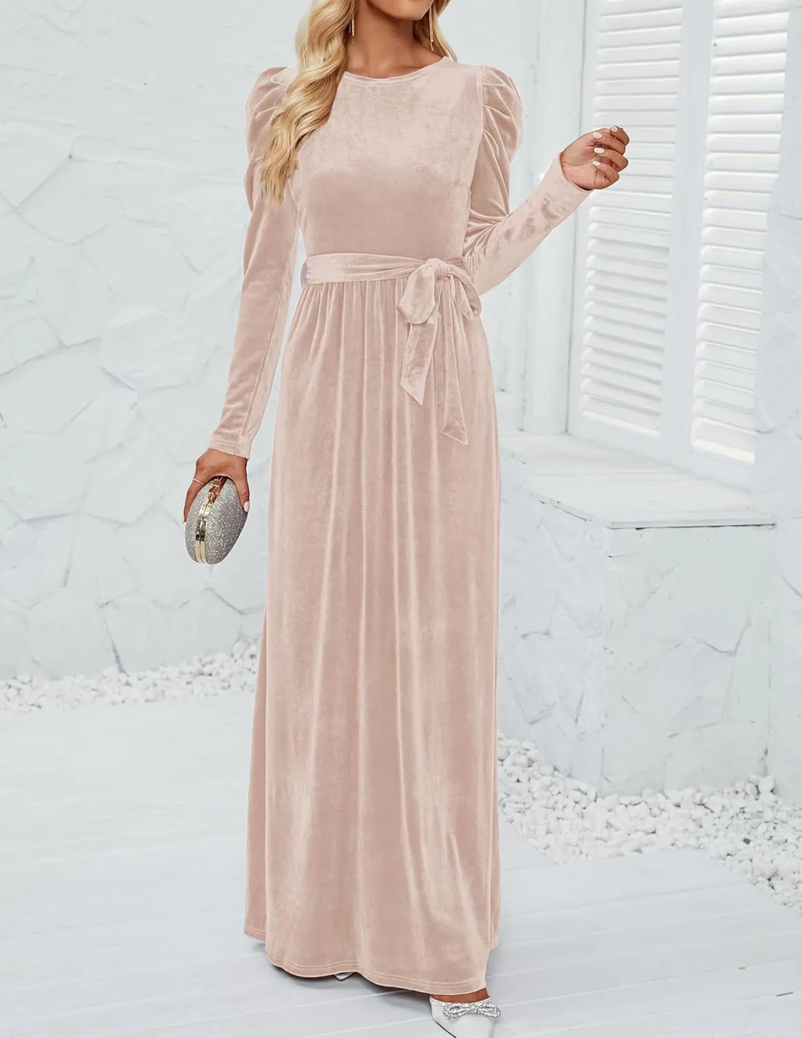 ZESICA Women's Velvet Maxi Dress Long Puff Sleeve Crew Neck Elastic High Waist Cocktail Party Bridesmaid Dresses