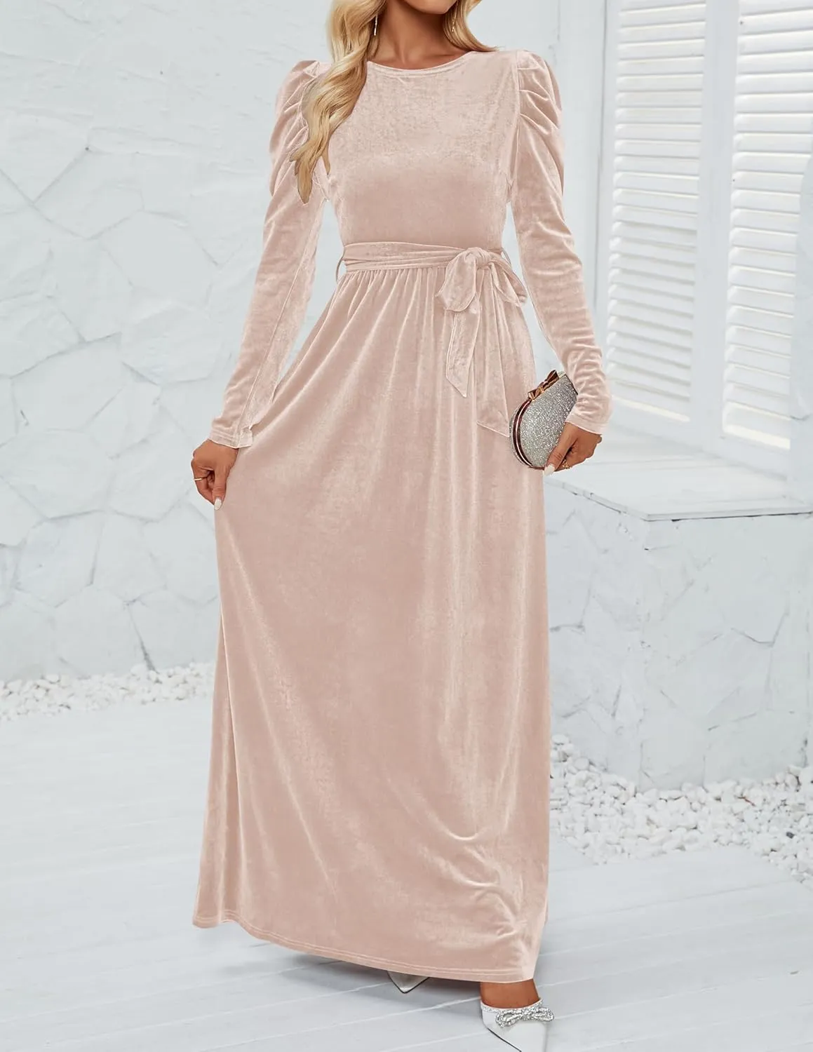 ZESICA Women's Velvet Maxi Dress Long Puff Sleeve Crew Neck Elastic High Waist Cocktail Party Bridesmaid Dresses