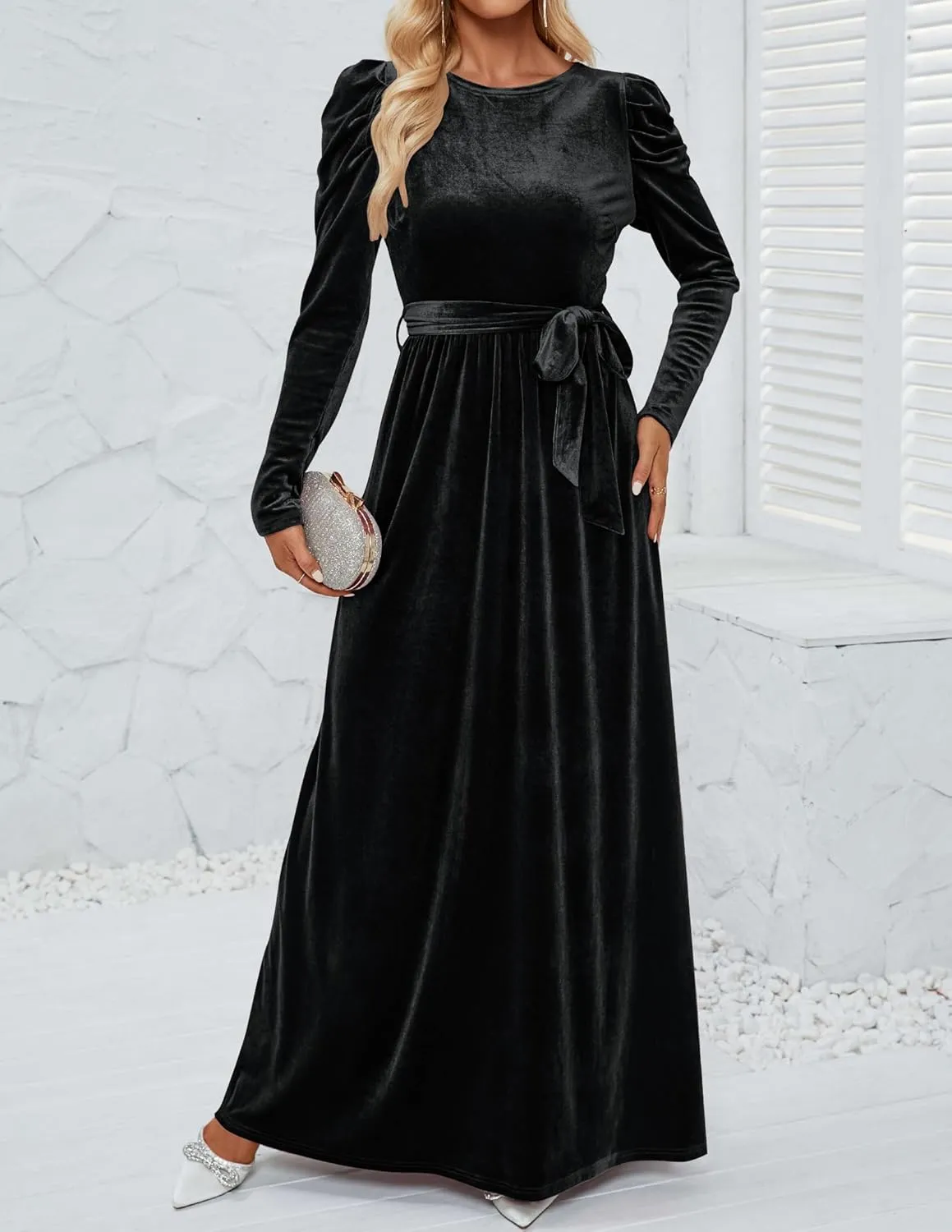 ZESICA Women's Velvet Maxi Dress Long Puff Sleeve Crew Neck Elastic High Waist Cocktail Party Bridesmaid Dresses