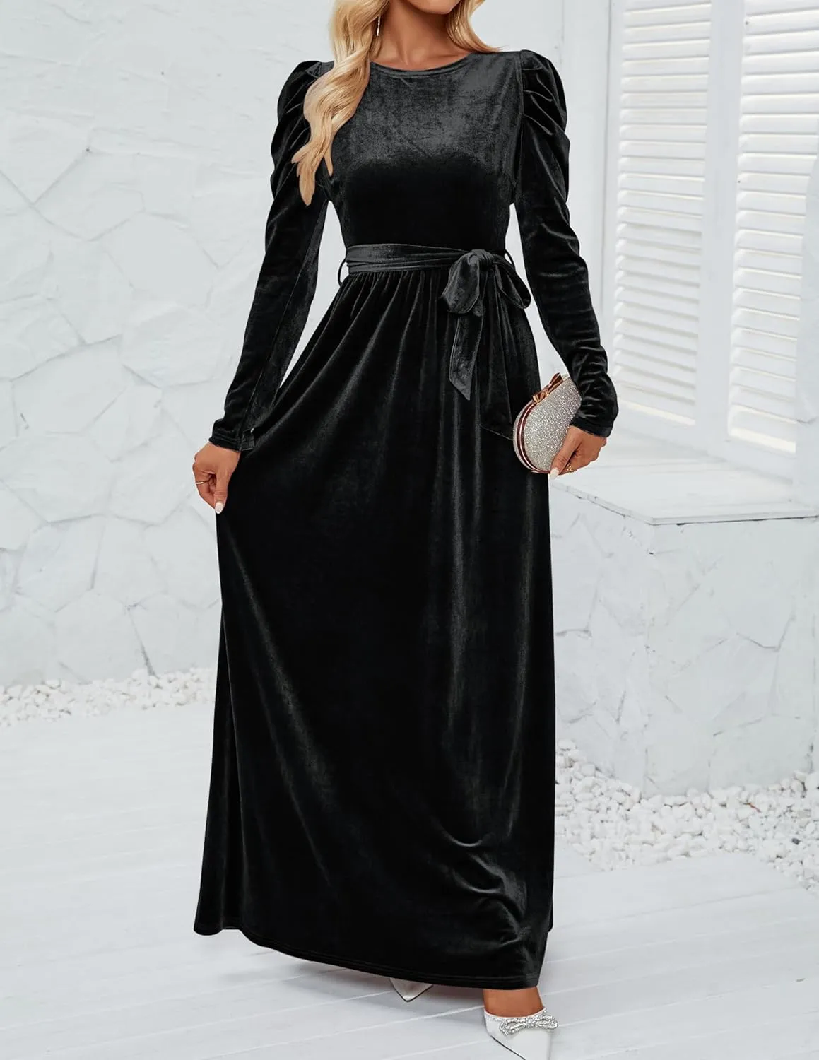 ZESICA Women's Velvet Maxi Dress Long Puff Sleeve Crew Neck Elastic High Waist Cocktail Party Bridesmaid Dresses