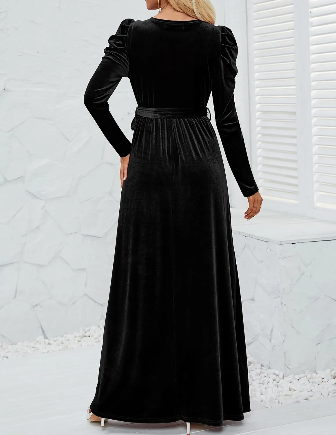 ZESICA Women's Velvet Maxi Dress Long Puff Sleeve Crew Neck Elastic High Waist Cocktail Party Bridesmaid Dresses