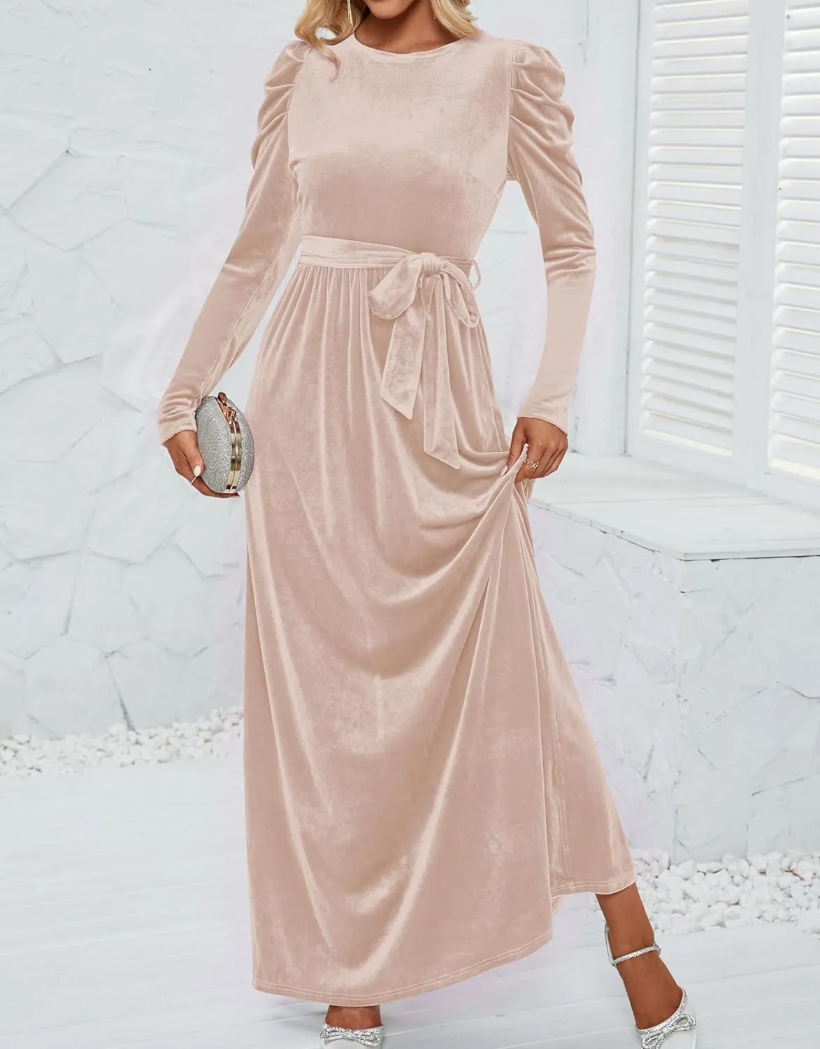 ZESICA Women's Velvet Maxi Dress Long Puff Sleeve Crew Neck Elastic High Waist Cocktail Party Bridesmaid Dresses