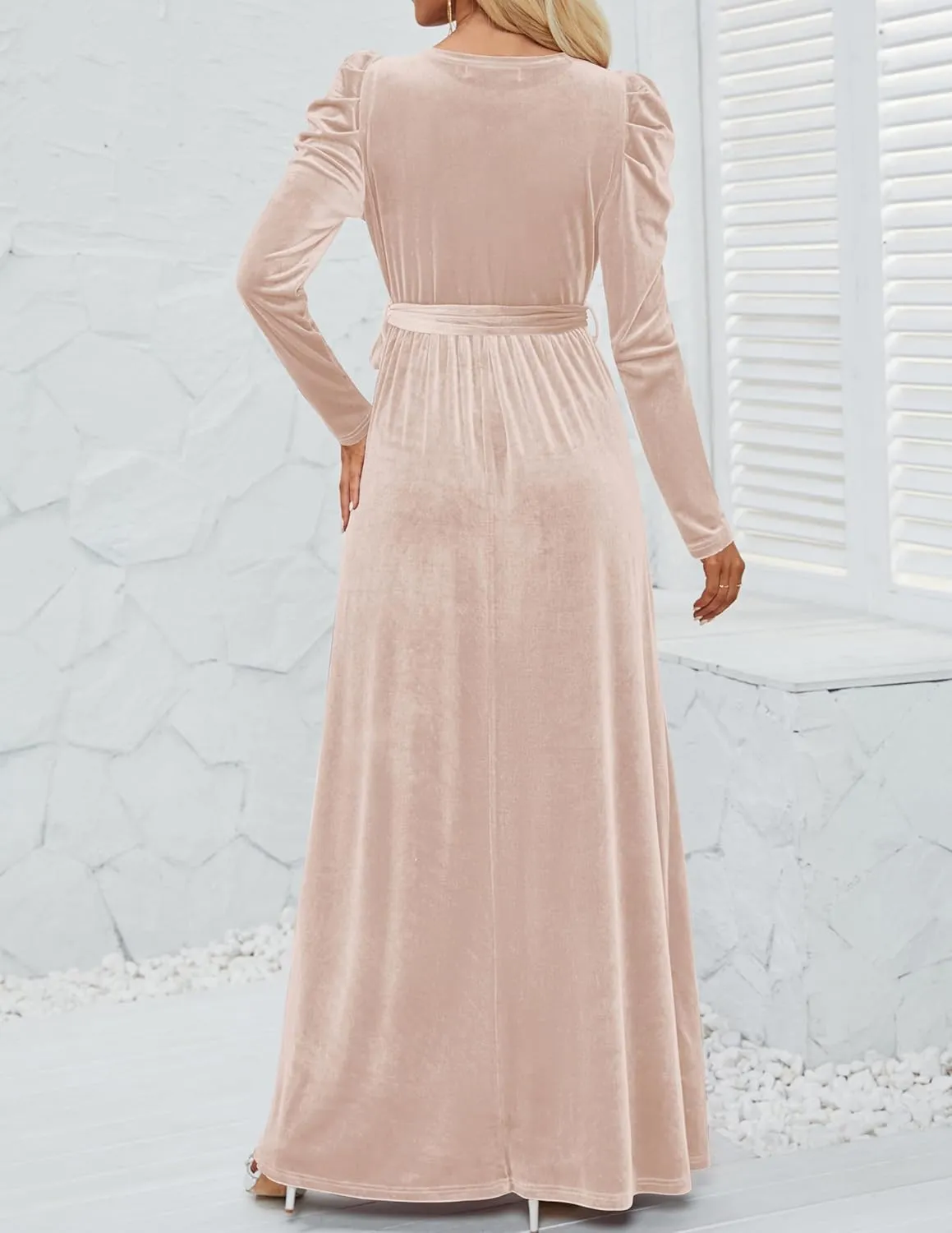 ZESICA Women's Velvet Maxi Dress Long Puff Sleeve Crew Neck Elastic High Waist Cocktail Party Bridesmaid Dresses