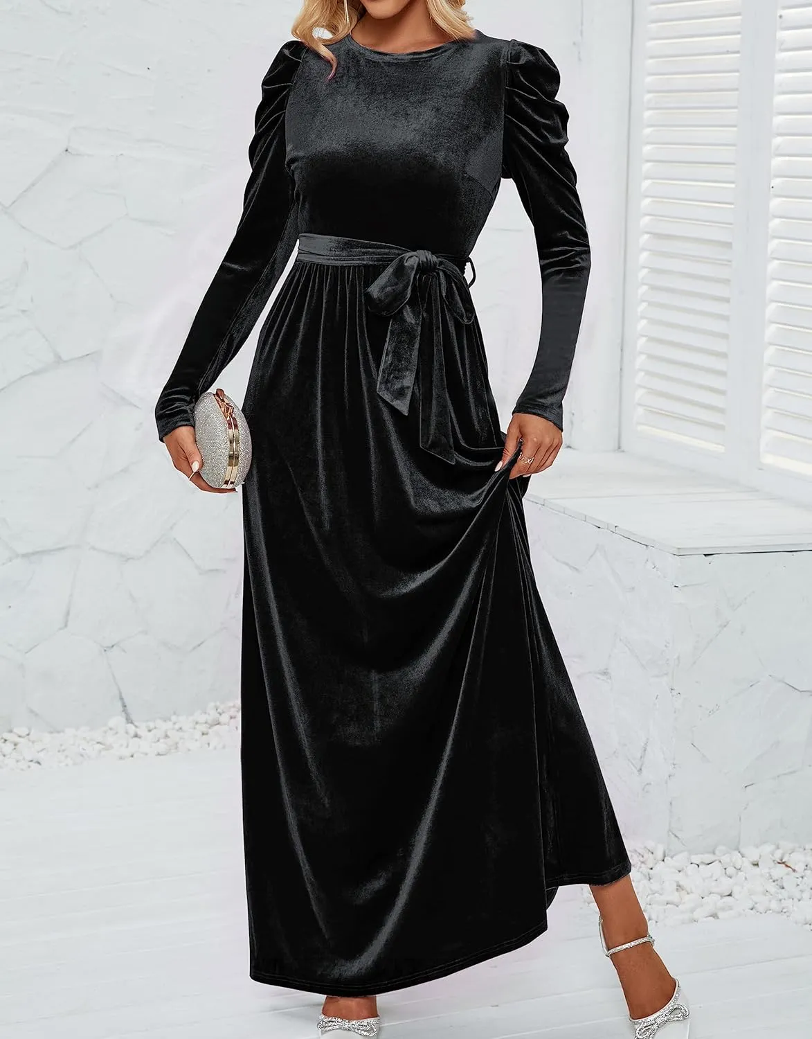 ZESICA Women's Velvet Maxi Dress Long Puff Sleeve Crew Neck Elastic High Waist Cocktail Party Bridesmaid Dresses